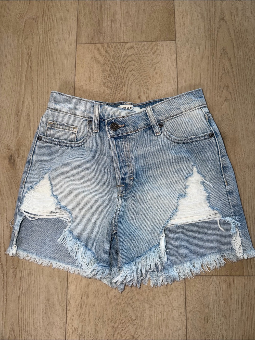 Hidden Jeans Asymmetrical Light Blue Distressed Denim Shorts Size XS